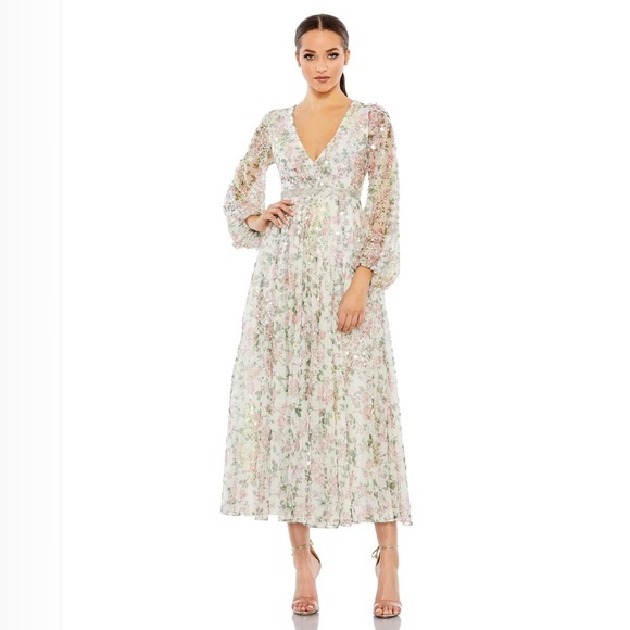 MAC DUGGAL - White Embellished Floral Print Faux Wrap A Line Dress - Picture 1 of 6